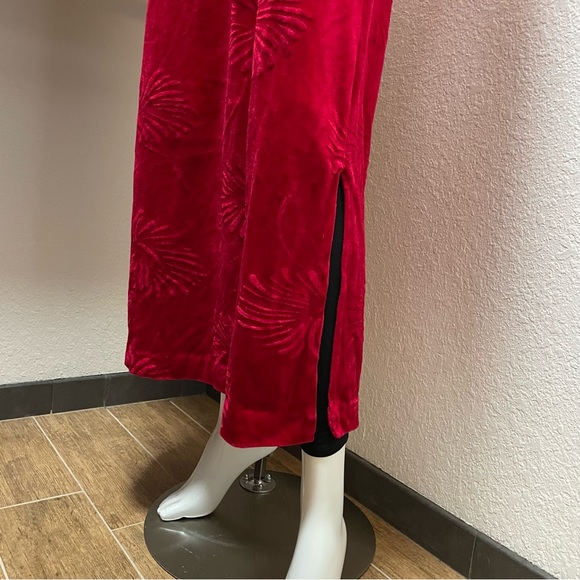 VTG🇺🇸Circa 2000 Red Velour Floral Print Top Overlap Wrap Festive Holiday Dress - Picture 4 of 8